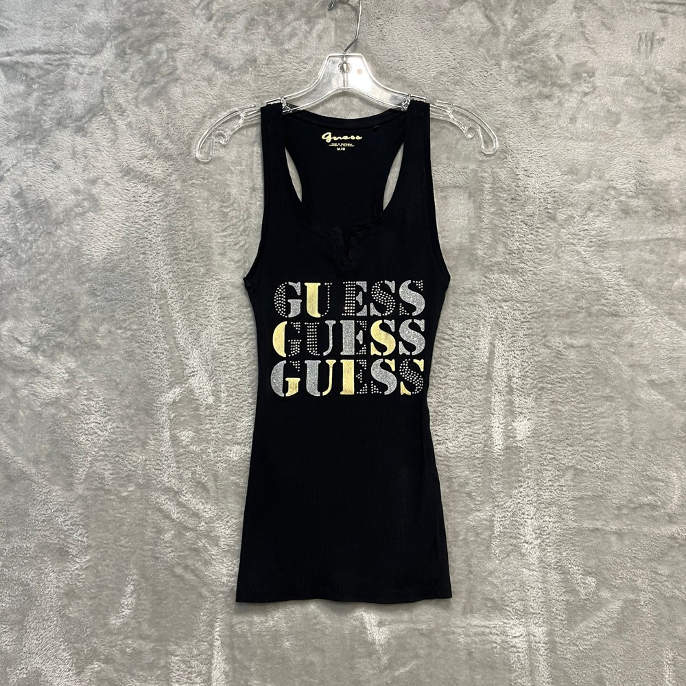 Guess Tank Top Womens Medium Black Glitter Rhinestone Logo Racerback Ribbed 2403